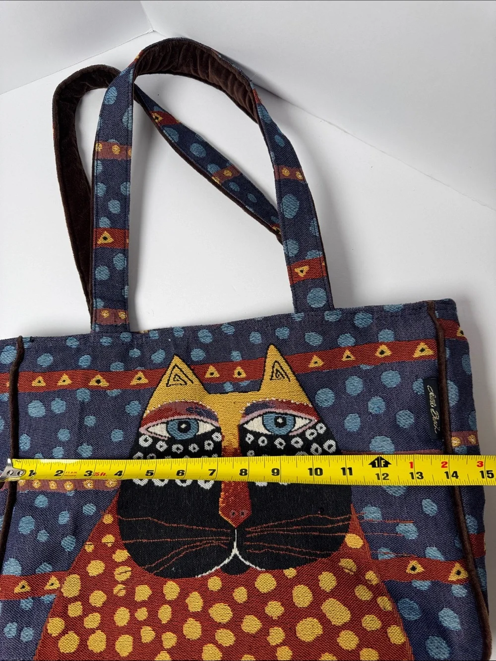 LAUREL BURCH Cat Tapestry Tote Bag Multicolor Brown Velvet Straps Zipper Closure